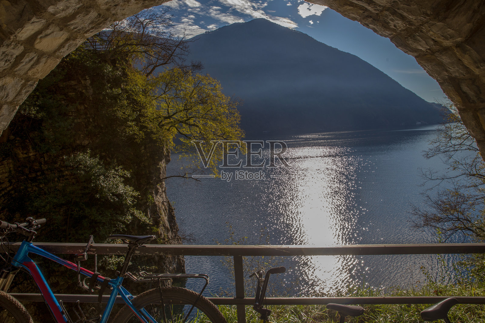 从卢加诺市郊的橄榄步道俯瞰卢加诺湖的壮丽景色照片摄影图片