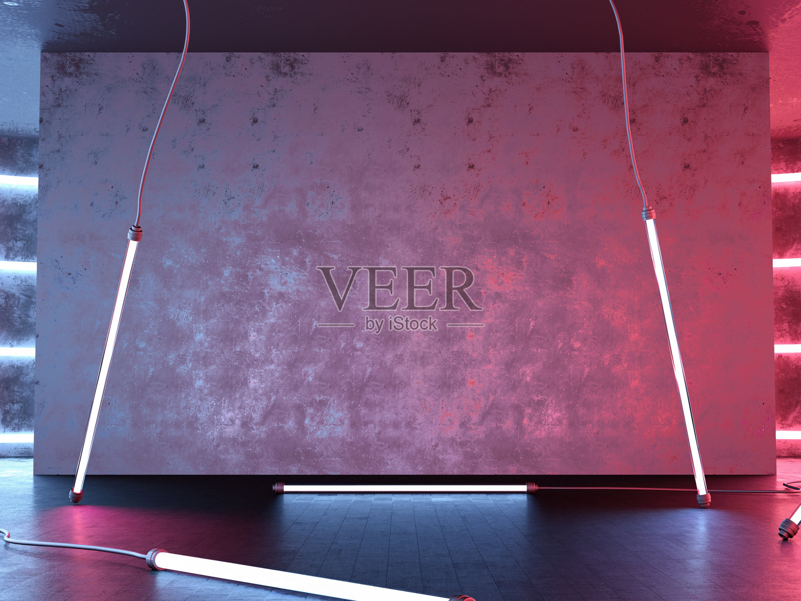 空荡荡的混凝土墙壁与荧光灯或霓虹灯照片摄影图片