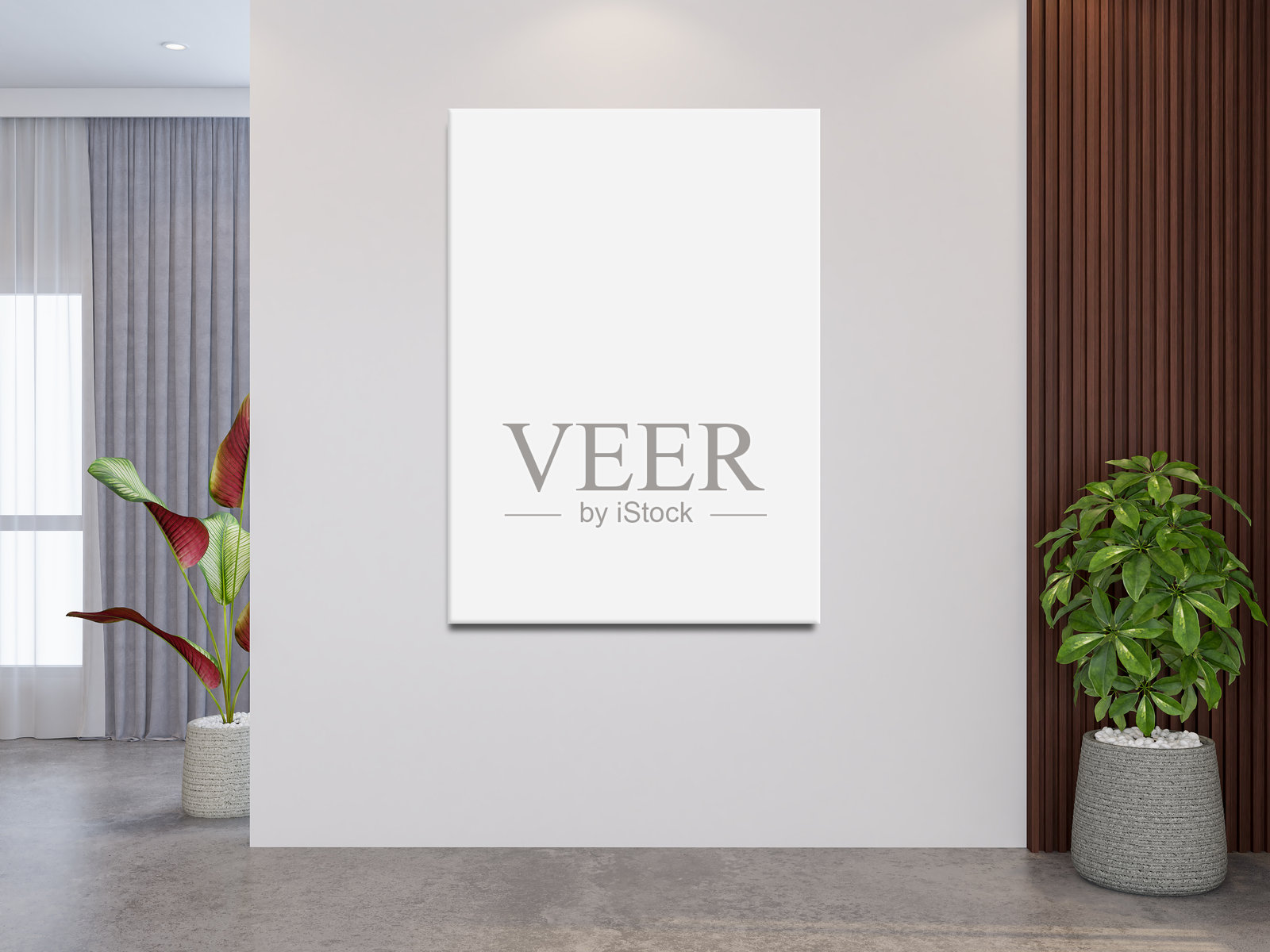 空的相框模型挂在客厅的墙上，旁边有植物装饰，混凝土地板和木质纹理。用于展示摄影、艺术画廊、海报的模型。现代室内设计。照片摄影图片