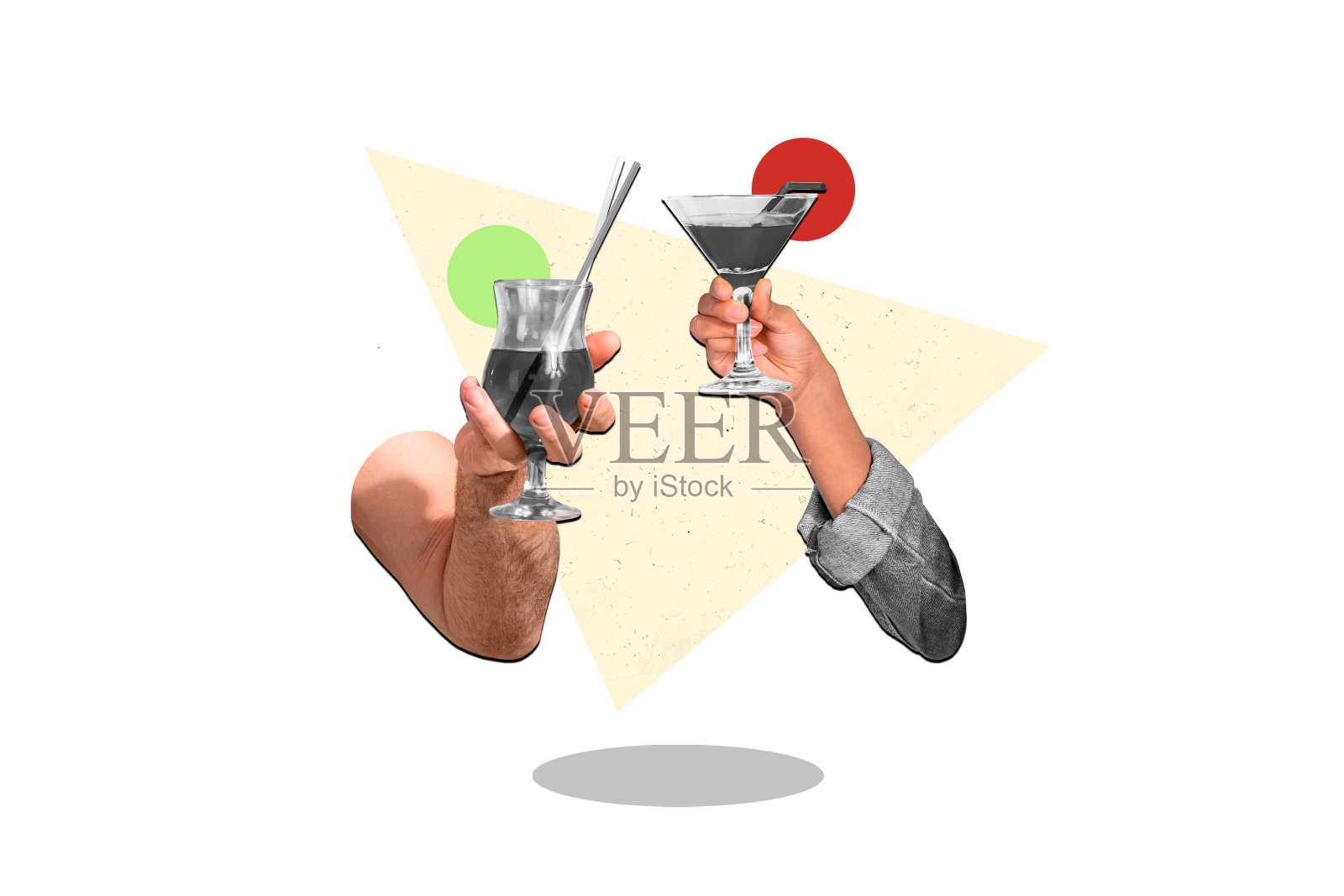 3D复古抽象创意艺术作品模板，手臂欢呼，酒精鸡尾酒，孤立在白色背景上照片摄影图片