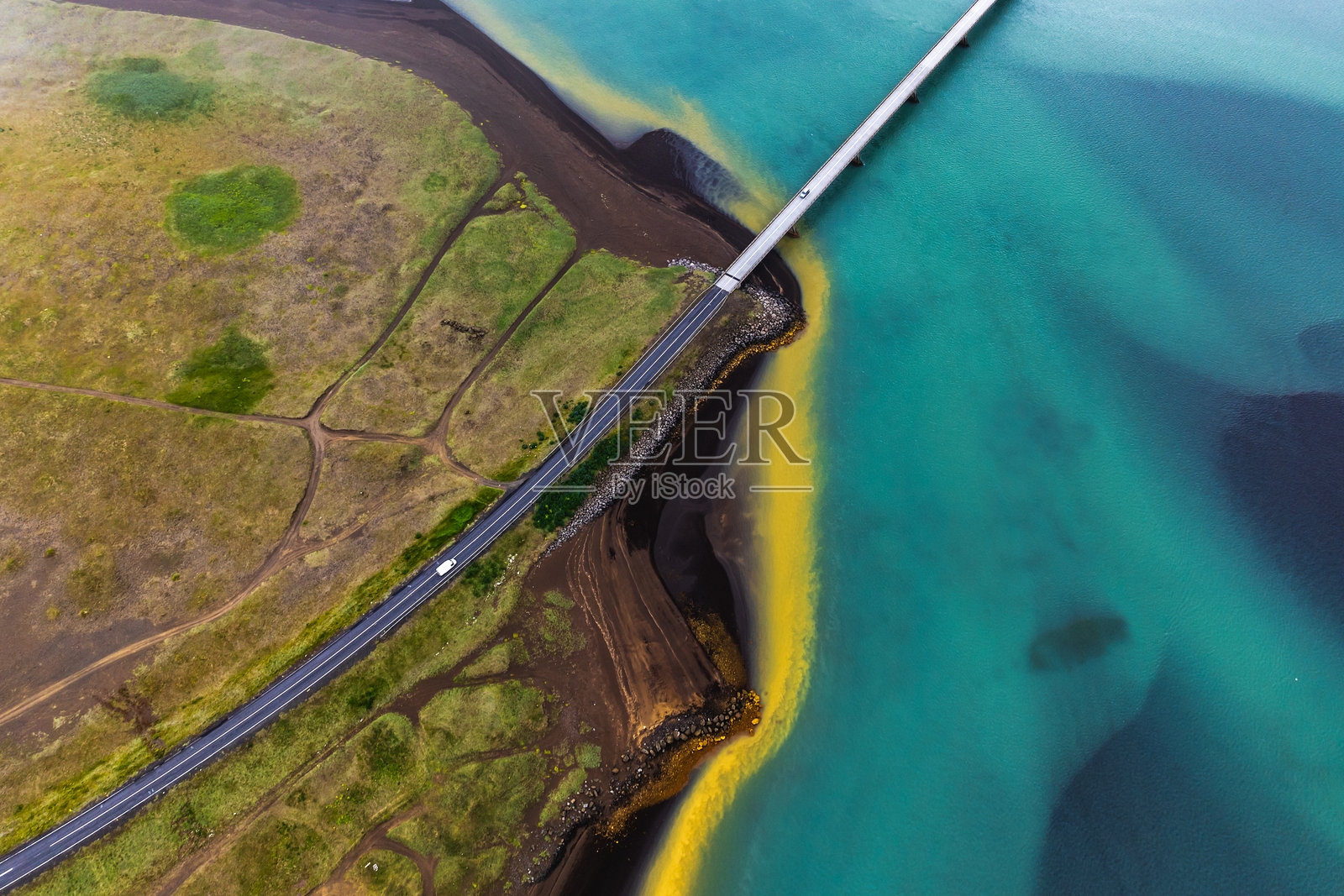南冰岛奥尔夫萨河的鸟瞰图，河流中鲜艳的沉积物颜色和桥梁。照片摄影图片