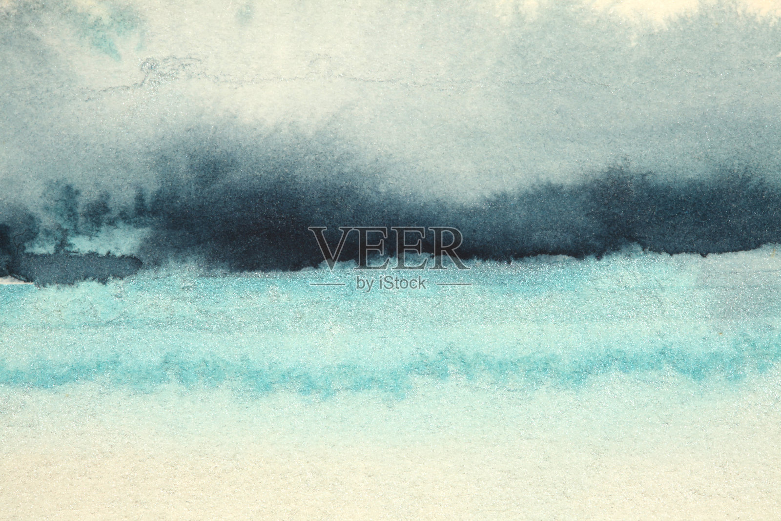 抽象的颗粒纹理水彩和丙烯流动斑点风景画。蓝色和米色的画布纹理横向背景。照片摄影图片