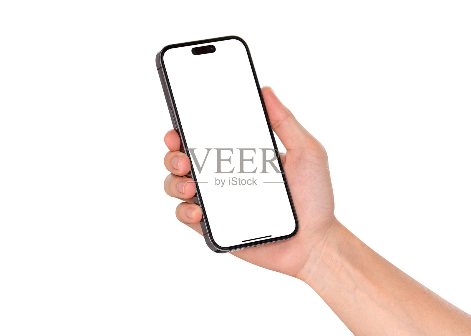 手部特写，使用空白屏幕的智能手机，背景为白色。照片摄影图片
