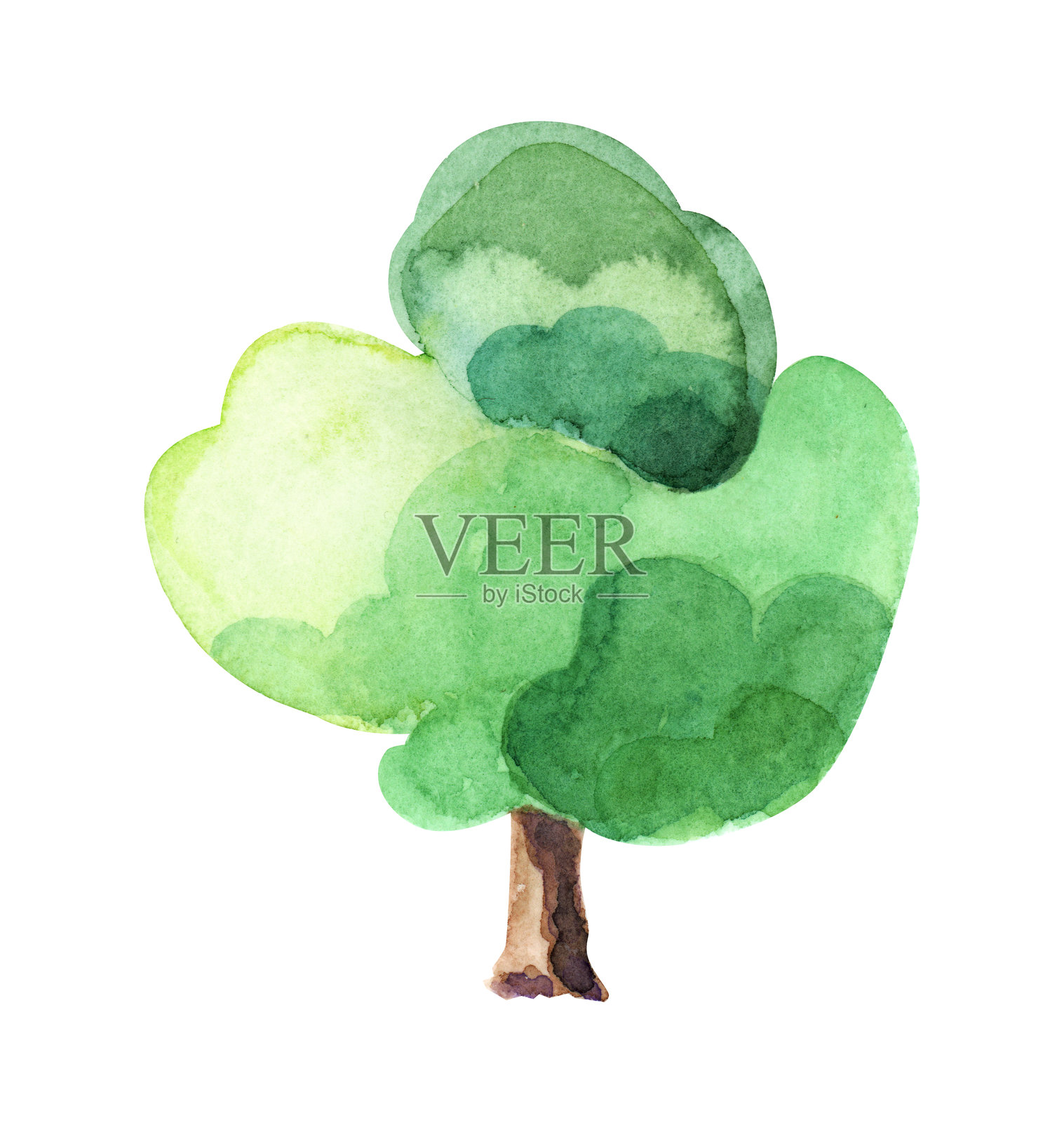 一棵可爱的水彩树，树冠为绿色插画图片素材