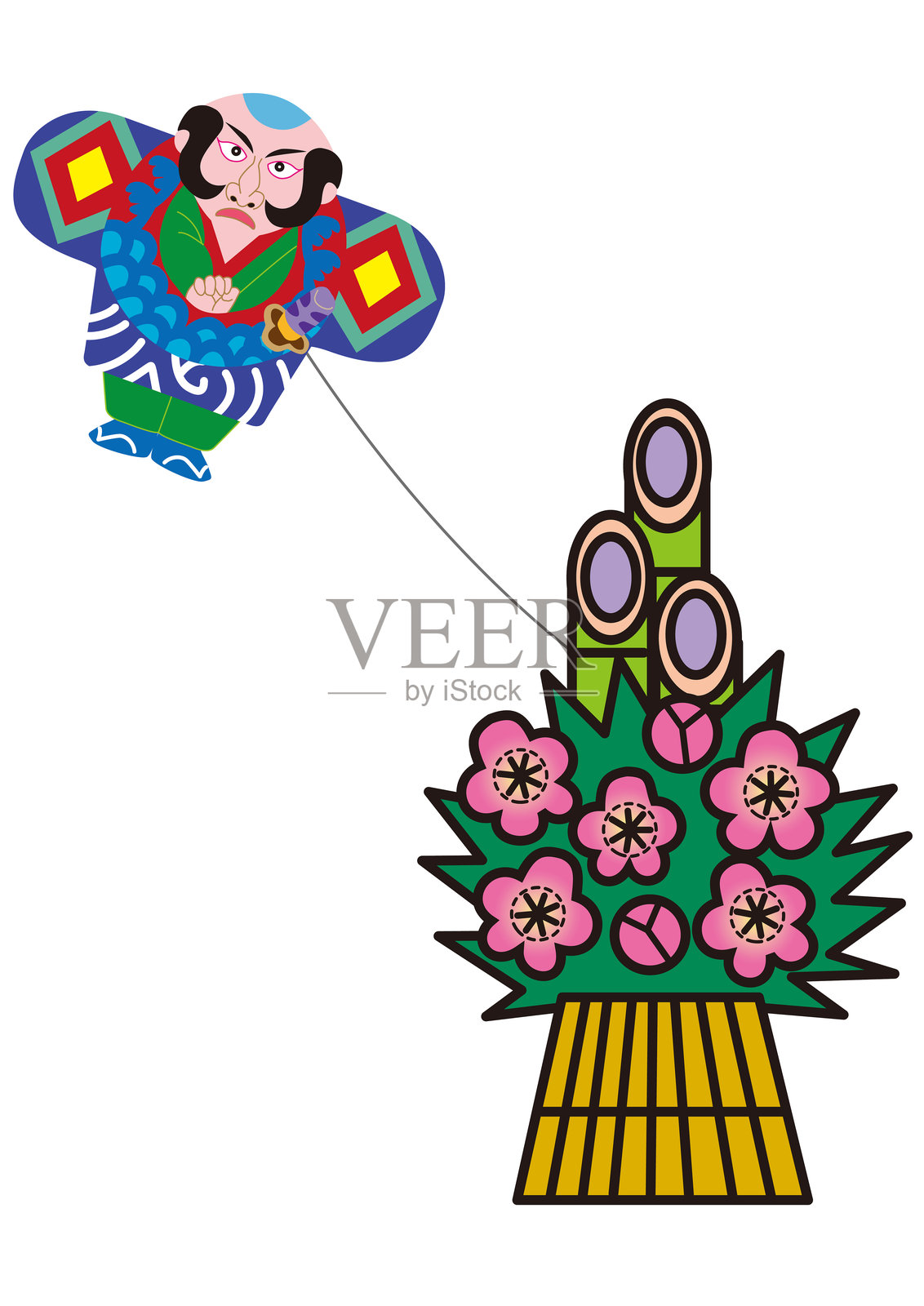 传统日本新年景象，包含门松和凧（风筝）插画图片素材