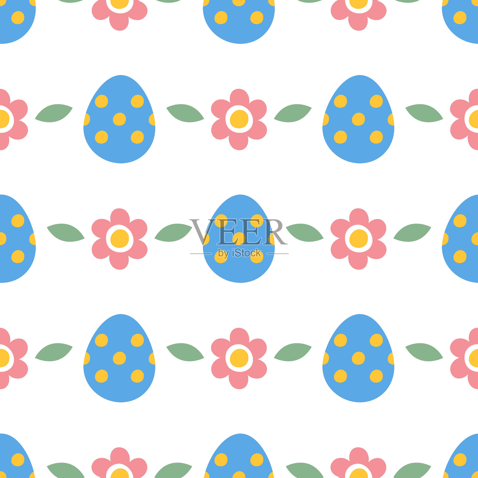 可爱的复活节无缝图案，白色背景上点缀着彩色复活节彩蛋和花朵，适合用于复活节贺卡、纺织品、壁纸和手绘风格的横幅。插画图片素材