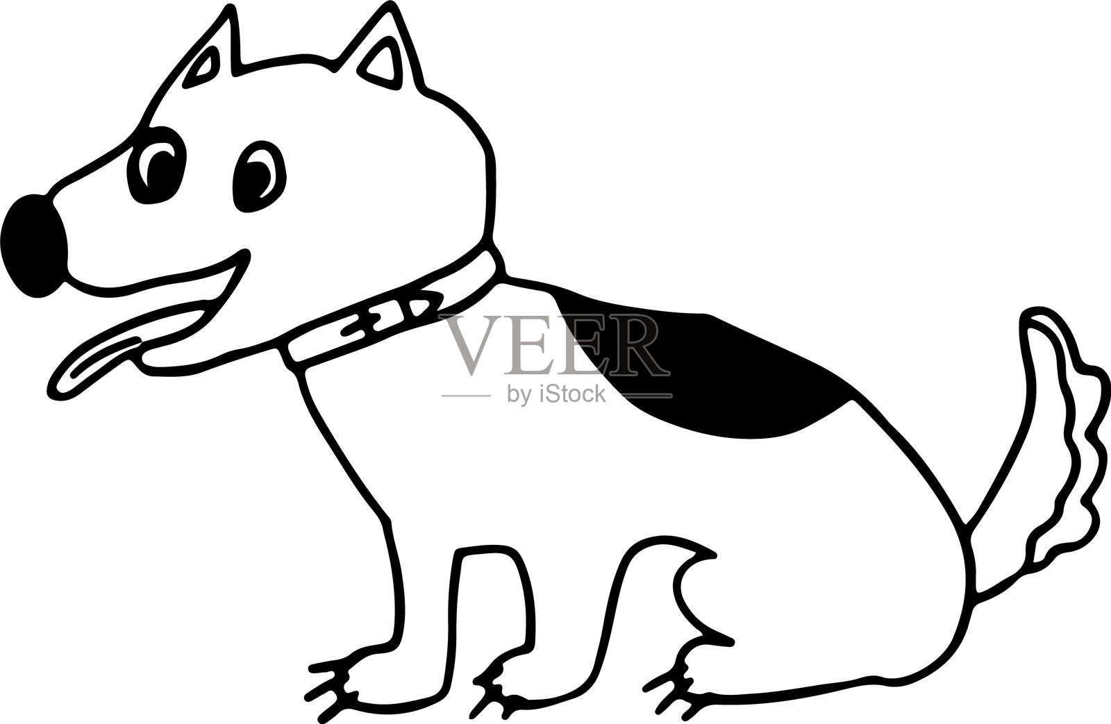 可爱搞笑的狗狗，脖子上带着项圈，背上有一个斑点，开心地坐着，舌头伸出来。插画图片素材