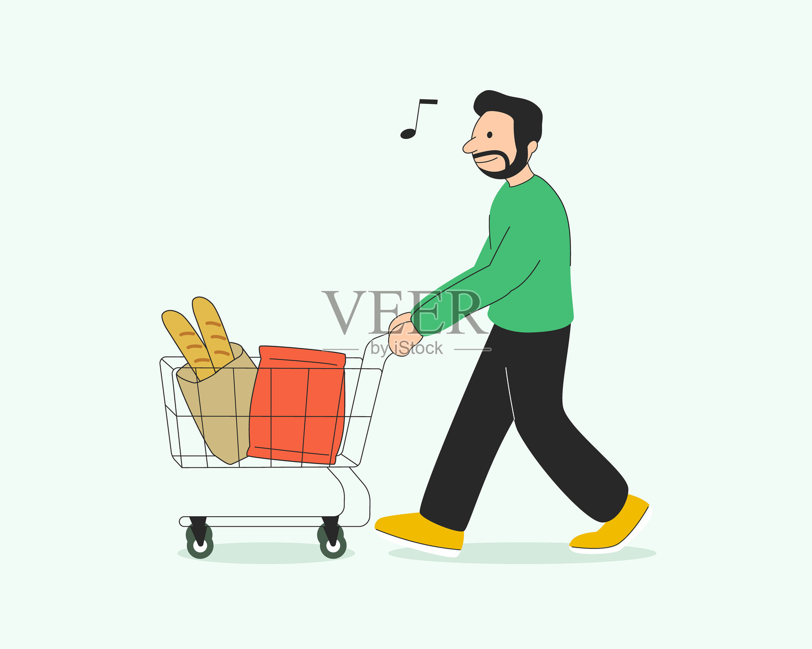快乐的男人推着装满杂货的购物车，微笑着享受音乐。极简风格的矢量插图，适用于零售、超市和电子商务主题。非常适合推广健康生活方式。插画图片素材