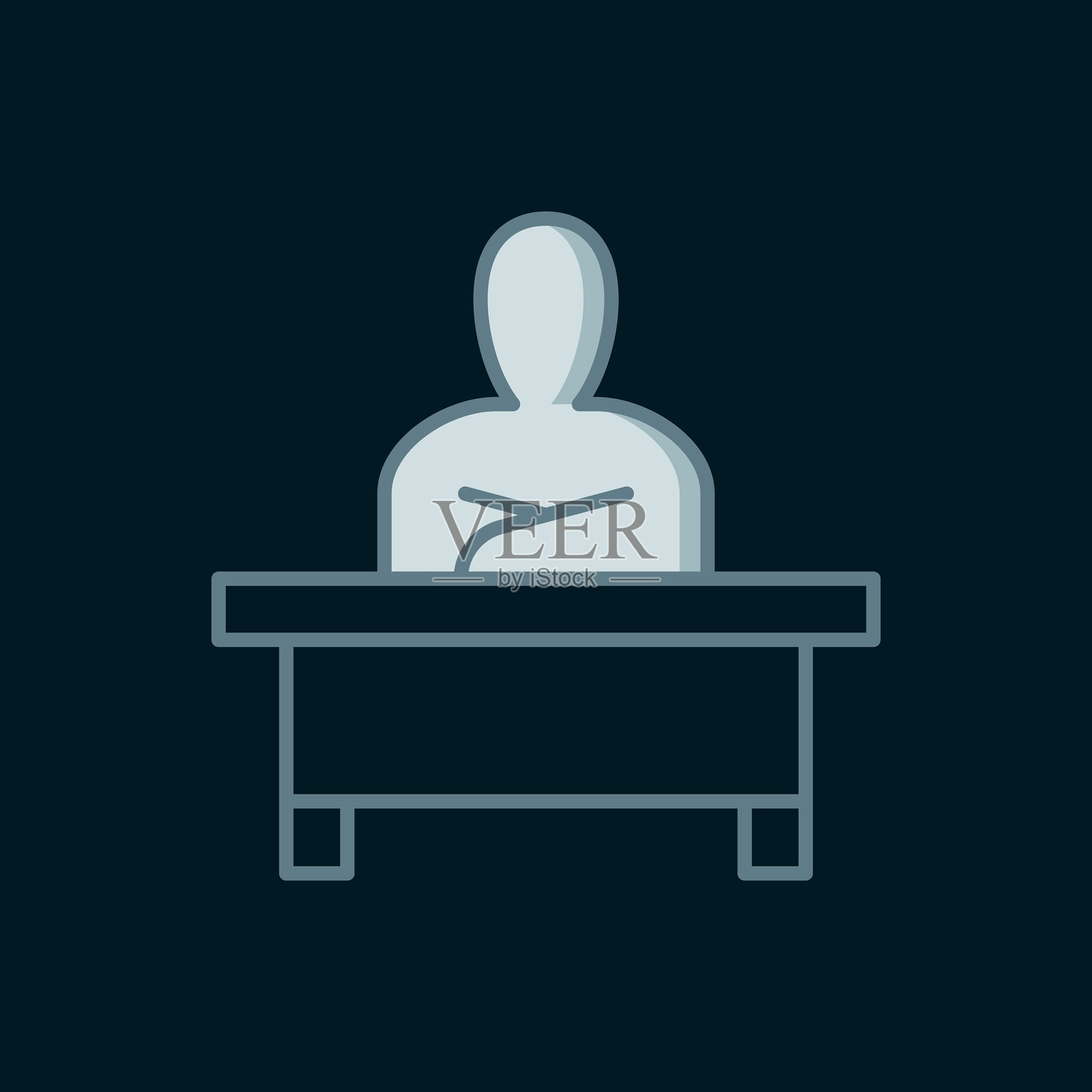 坐在桌子旁的男学生图标，背景为黑色。扁平填充轮廓风格，带有阴影。矢量图。插画图片素材