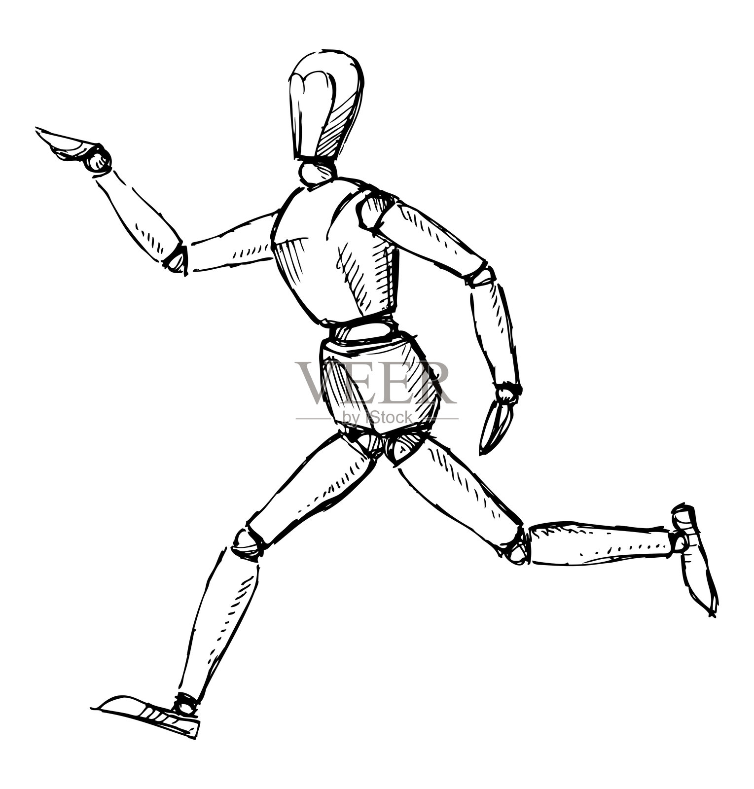 跑步人形的轮廓手绘，木偶，模特，假人，素描，矢量插图，白色背景上独立展示插画图片素材