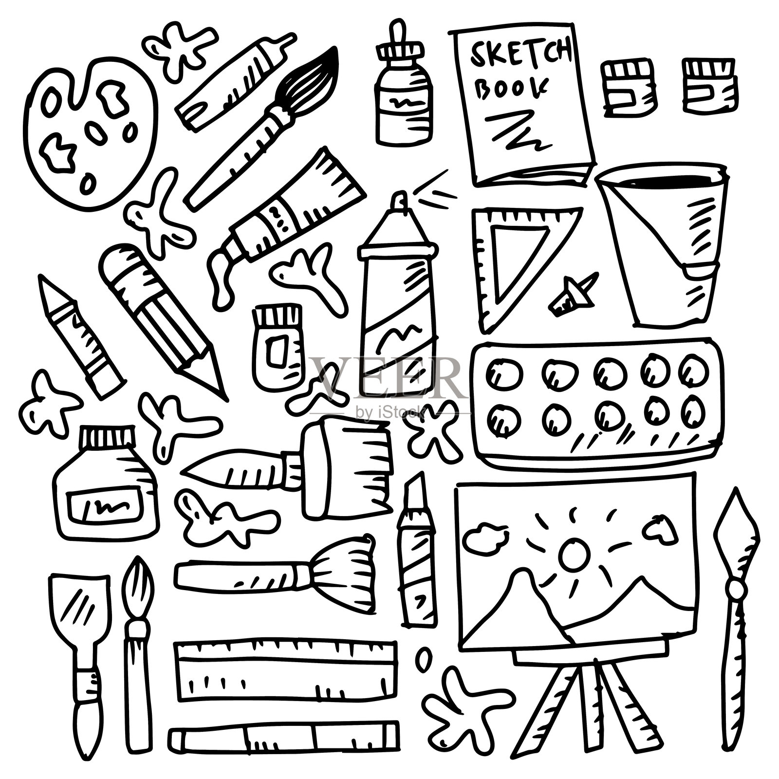 手绘艺术工具和物品涂鸦集。矢量插图。插画图片素材