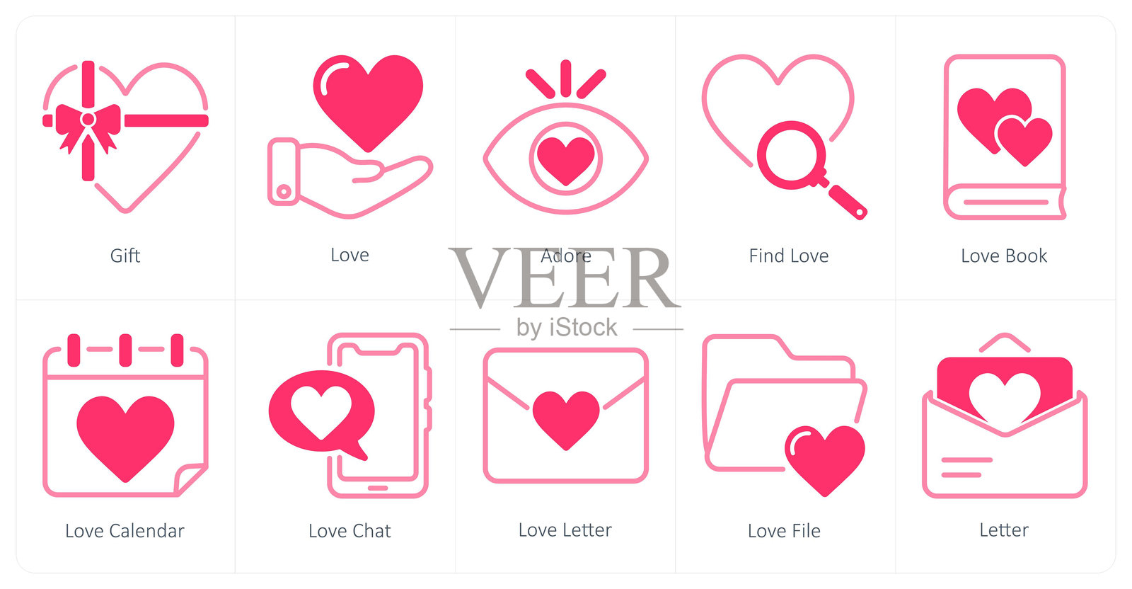 一套包含10个情人节图标，主题为礼物、爱与崇拜插画图片素材