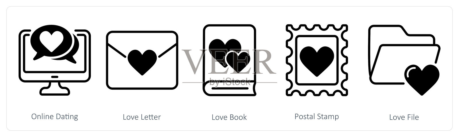 一组包含5个情人节图标，包括在线约会、情书和爱情书籍插画图片素材