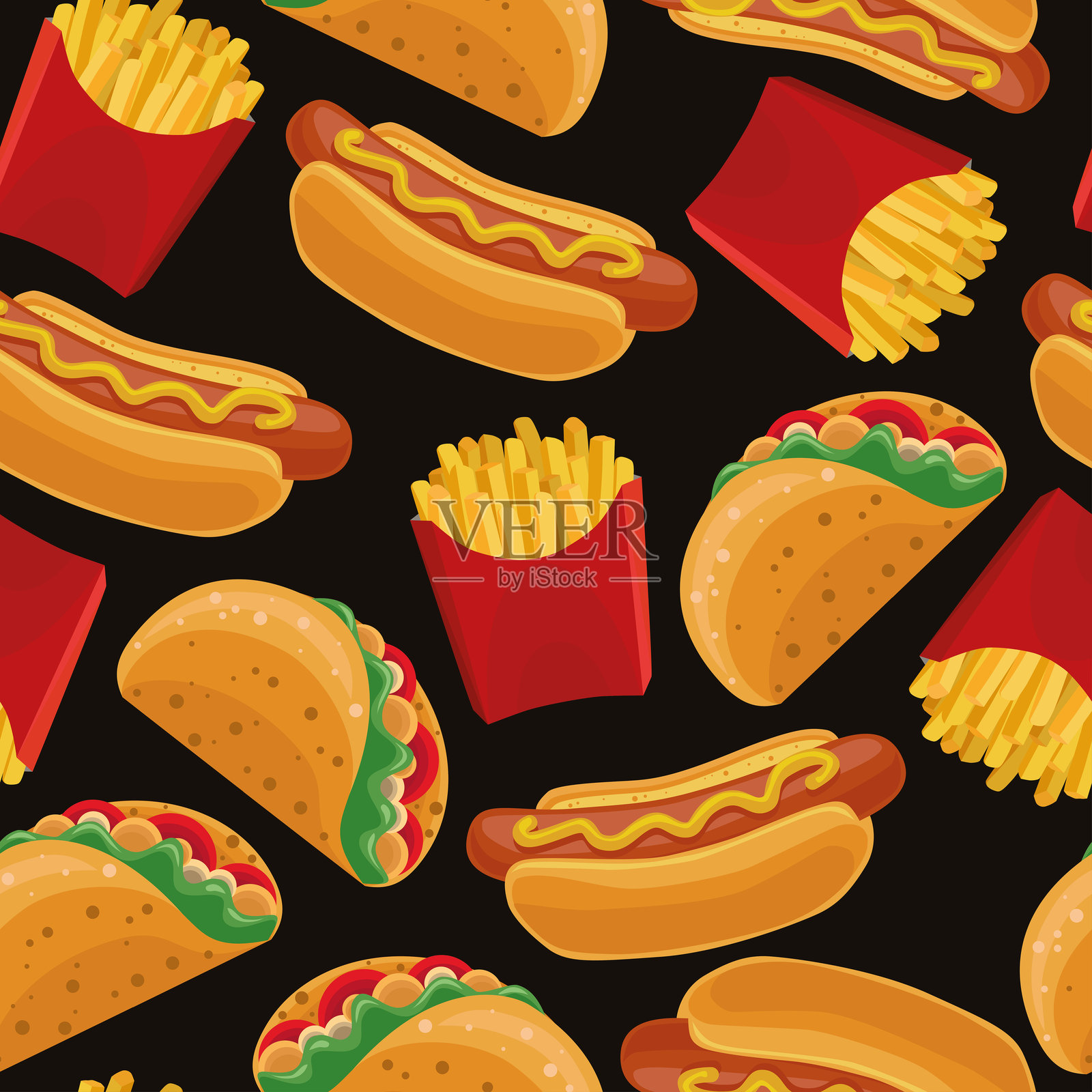 无缝快餐背景。热狗、玉米饼、薯条。适用于包装、服装和设计的明亮美丽印刷品。矢量插图。插画图片素材