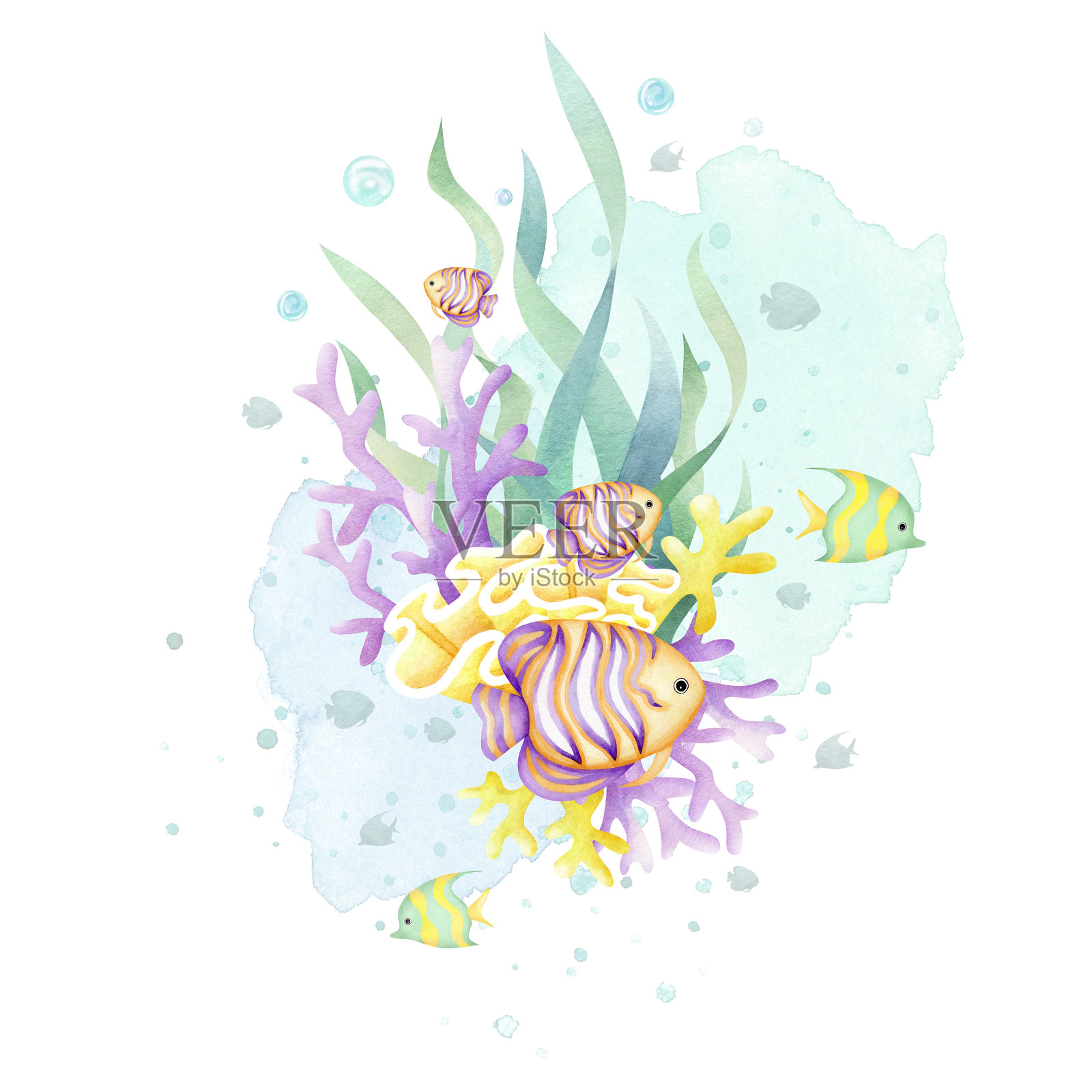 卡通风格的水彩插图，描绘了五彩斑斓的鱼、海藻和气泡的珊瑚礁。手绘的海底场景使用了黄色、紫色和绿色，适合用于婴儿洗礼、航海和海洋设计。插画图片素材