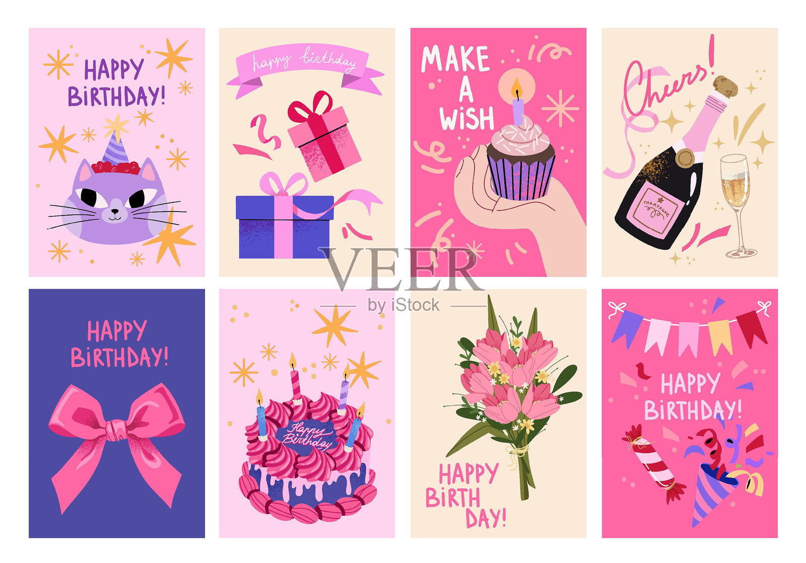 卡通复古风格的生日贺卡。包含蛋糕、动物、蜡烛和五彩纸屑的生日派对矢量海报。插画图片素材