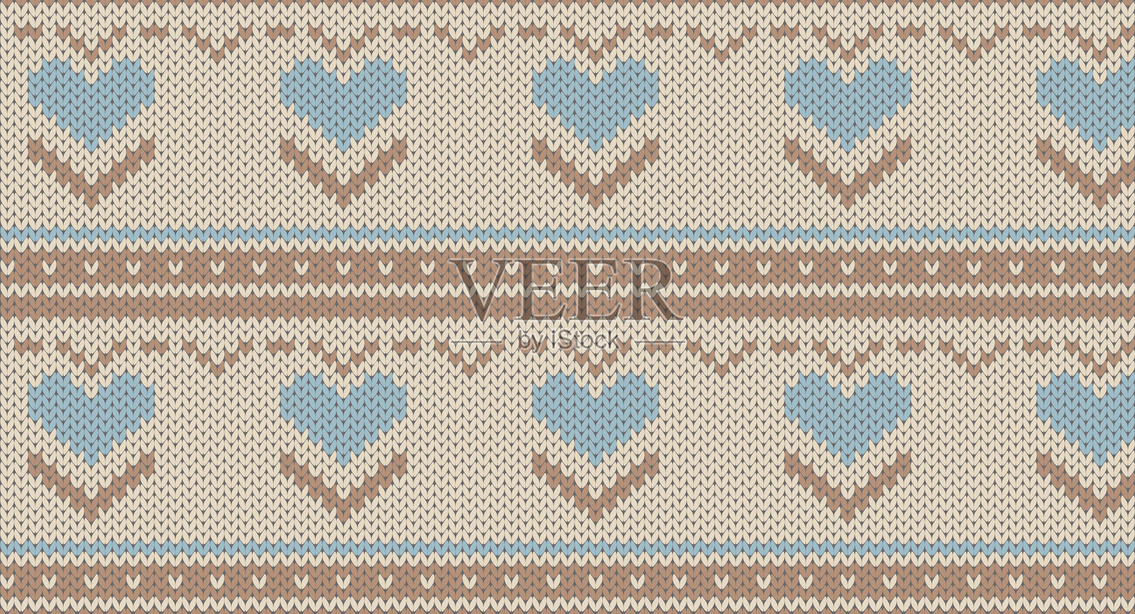 蓝色心形与棕色线条在奶油色针织图案上，节日毛衣设计。无缝针织图案插画图片素材