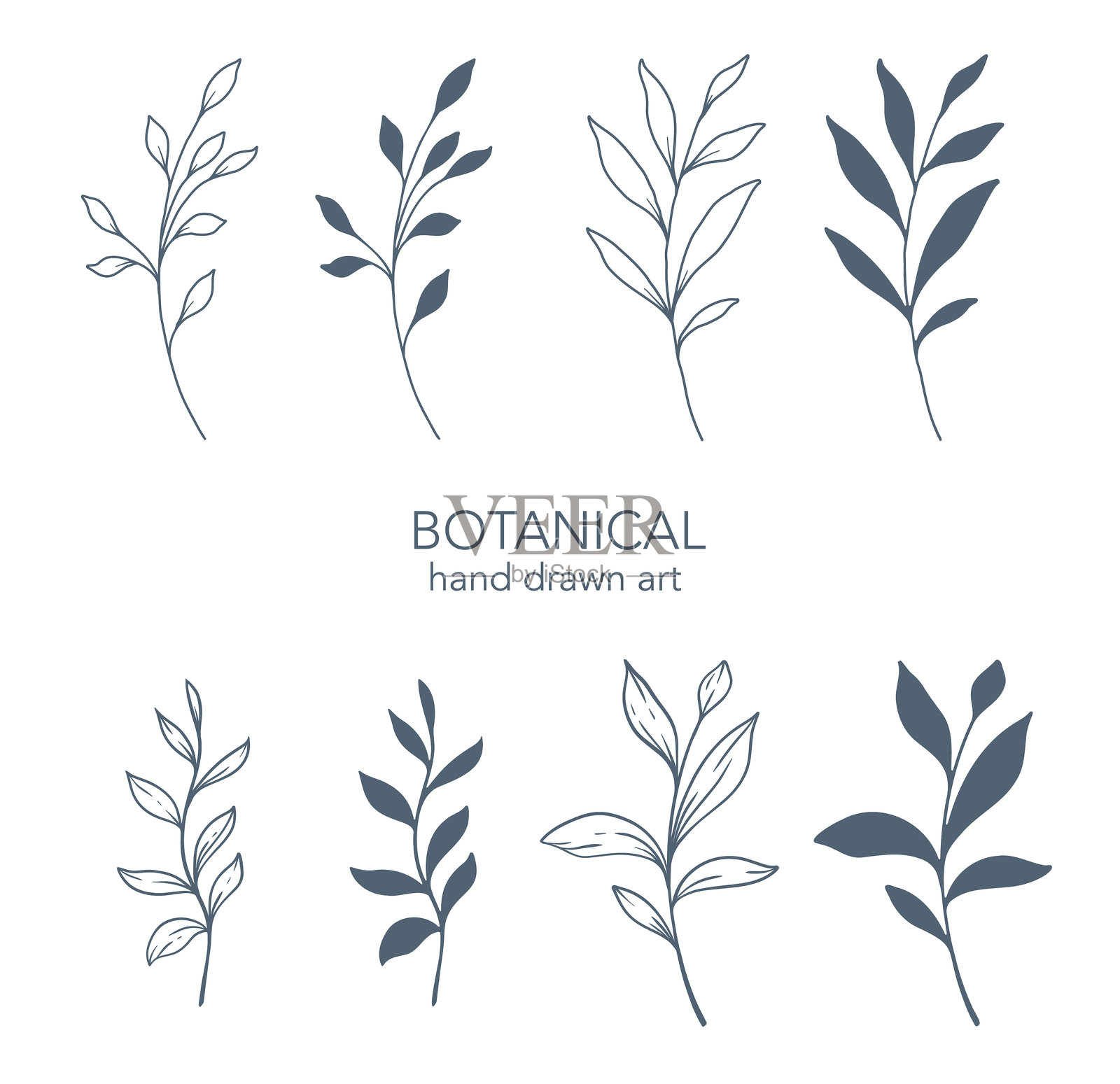 绿色线条艺术。植物背景，时尚简约的叶子和枝条。手绘花卉元素。花卉线条艺术插图。奢华线条花卉艺术。插画图片素材