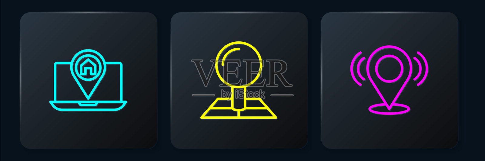 城市地图导航，地图图钉和带位置标记的折叠地图。黑色方形按钮。矢量图。插画图片素材