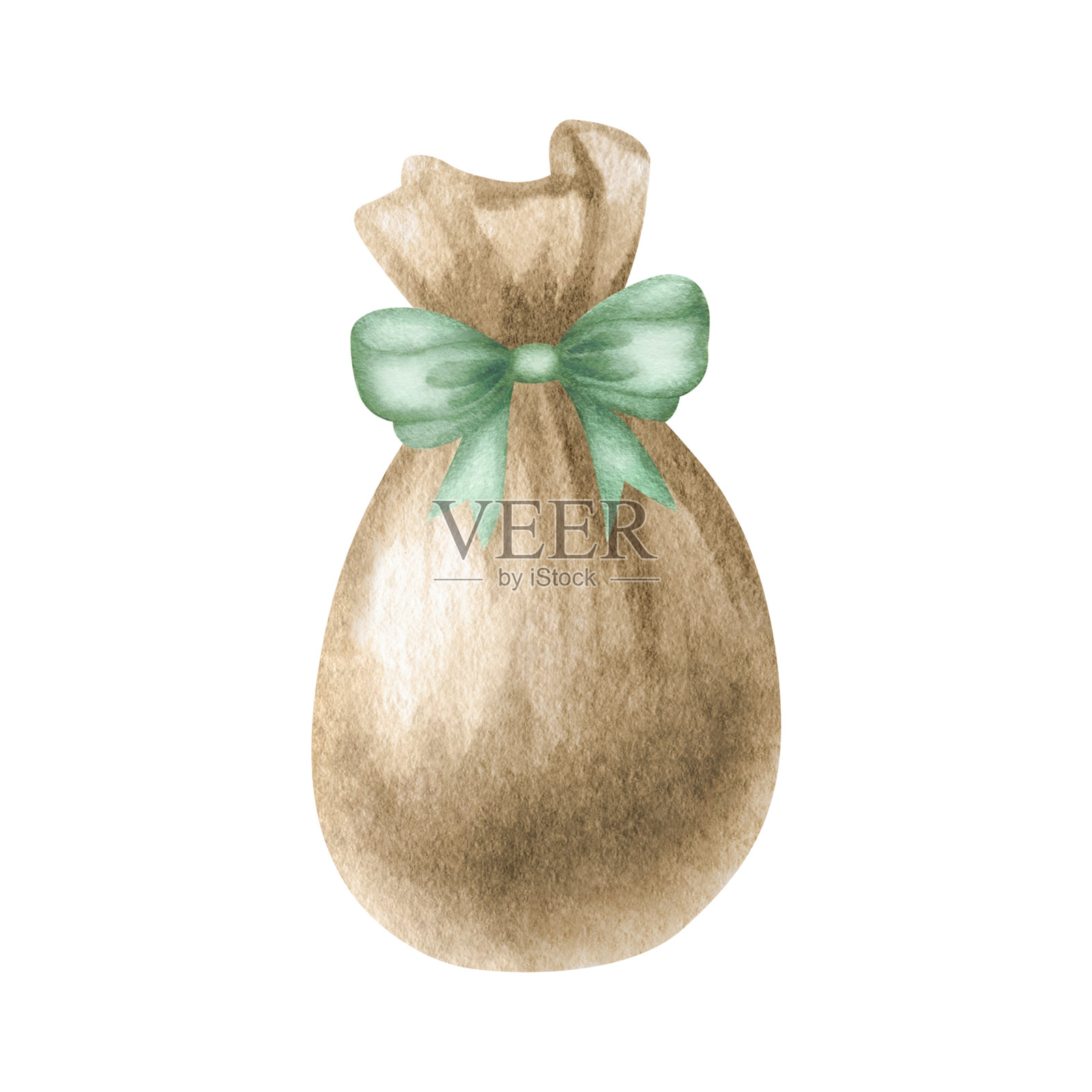 用棕色麻布制成的绿色蝴蝶结礼品袋。手绘水彩孤立插图。粗麻布袋的绘画，适用于贺卡、装饰、组合和节日包装。插画图片素材