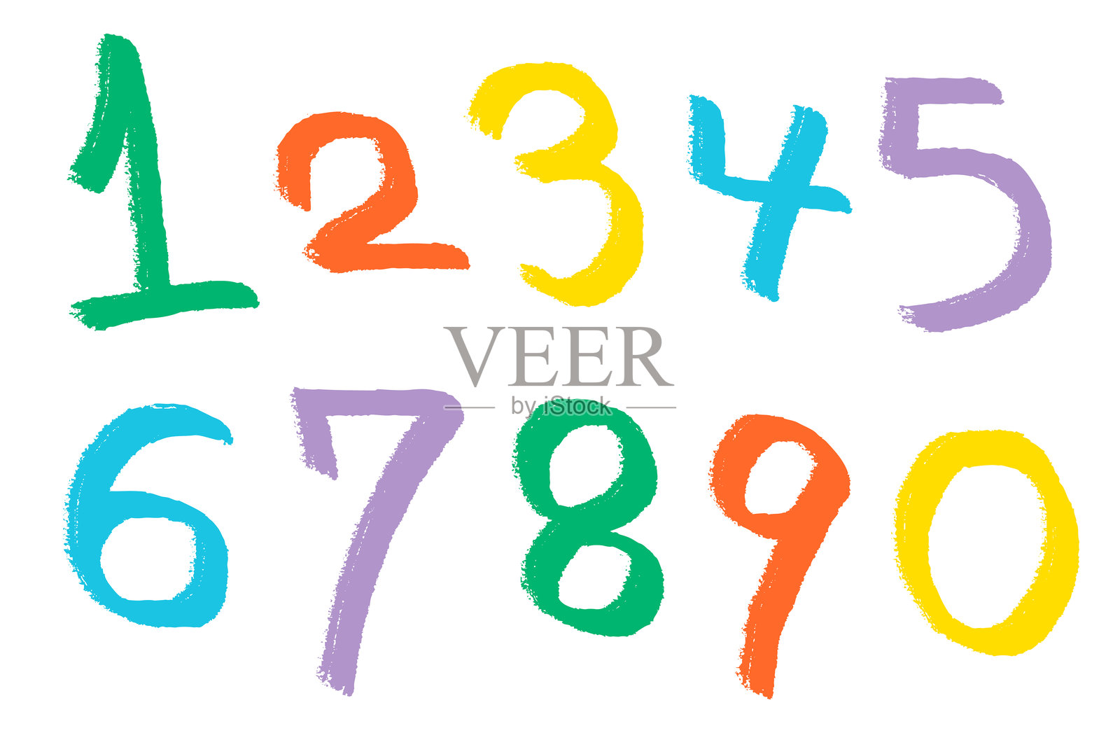 一组手绘的数字0到9插图，带有刷子效果插画图片素材