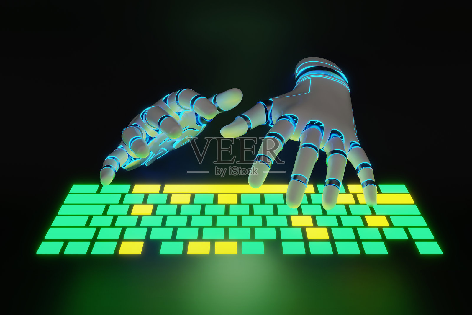 白色机器人手在黑色背景下的绿色和黄色霓虹灯发光键盘上打字。插图展示了人工智能作为商业和工作助手的概念。照片摄影图片