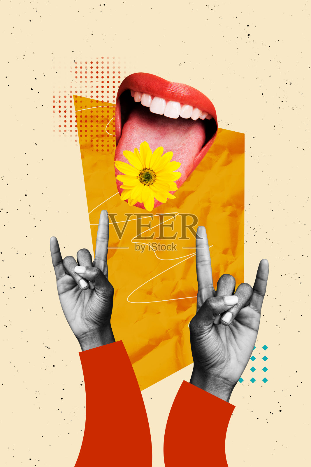 模板海报潮流艺术作品 3D照片拼贴 摇滚朋克身体语言手势标志 手指嘴唇舌头握花 春天照片摄影图片