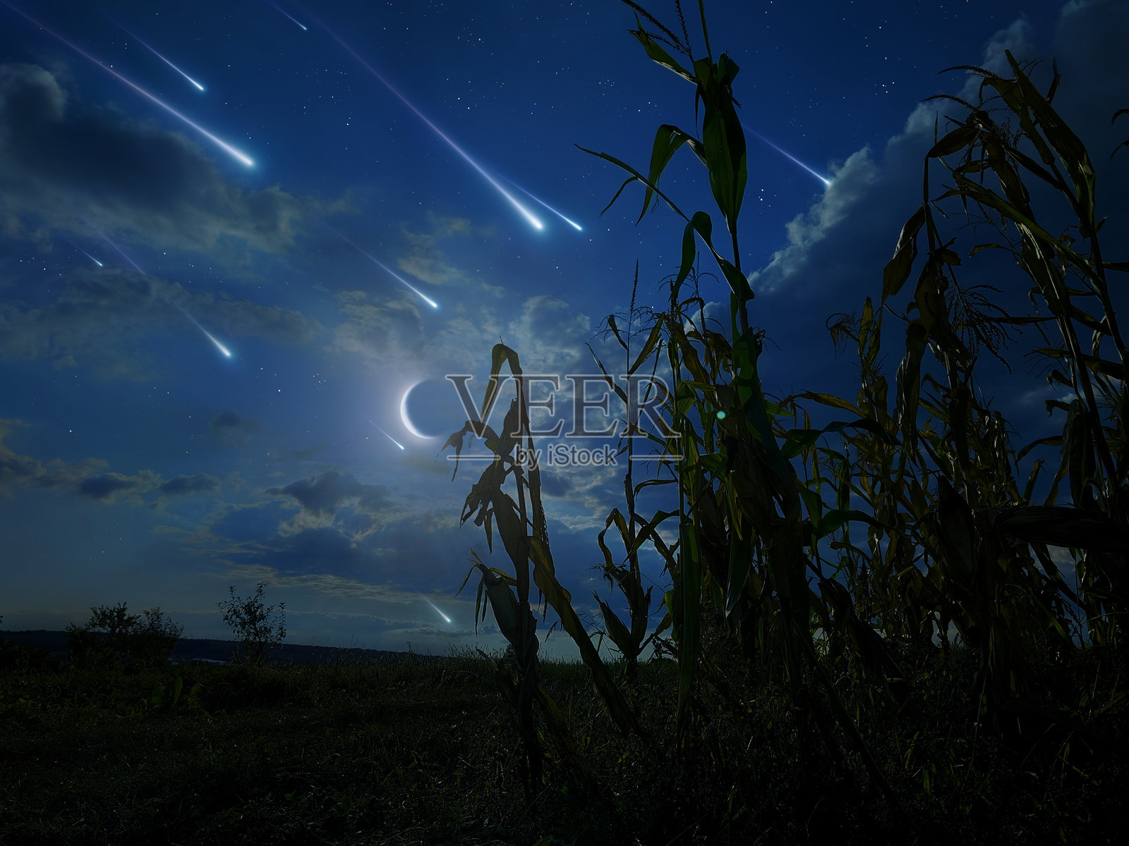 明亮的流星雨划过玉米田。照片摄影图片