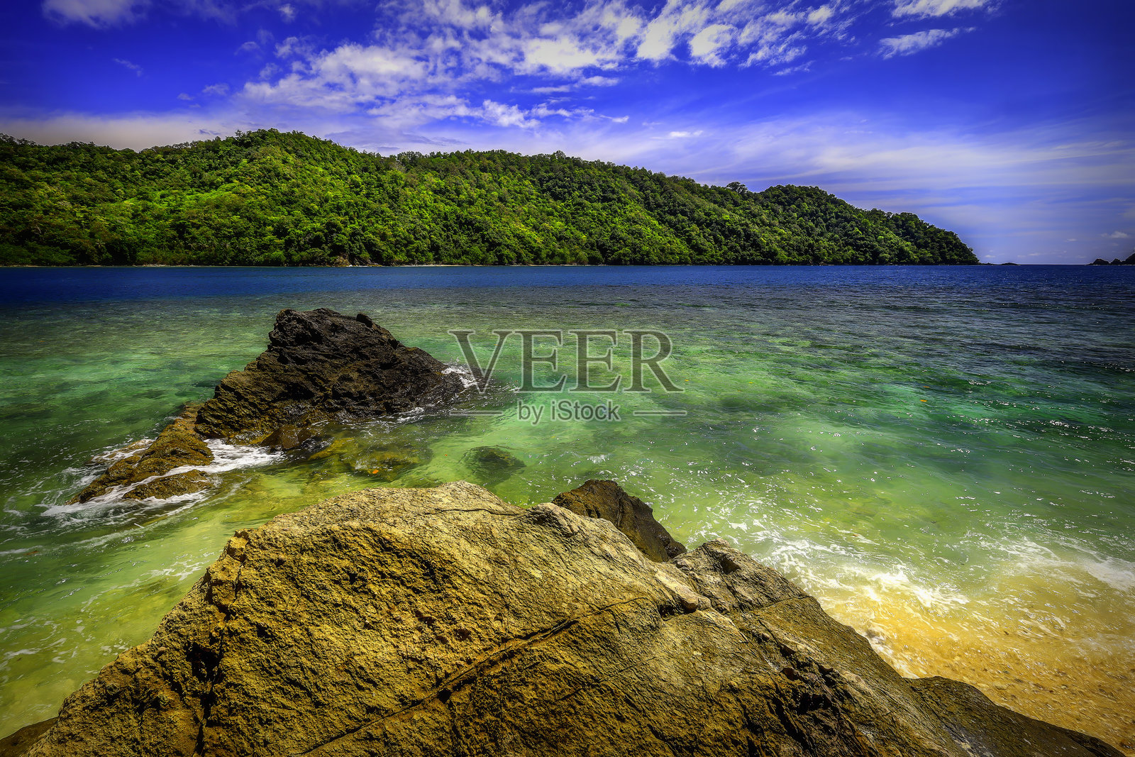 从椰子岛基利安湾的海滩俯瞰大海照片摄影图片