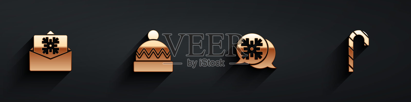 圣诞贺卡、冬季帽子、雪花对话气泡和带长阴影的糖果手杖图标。矢量图。插画图片素材