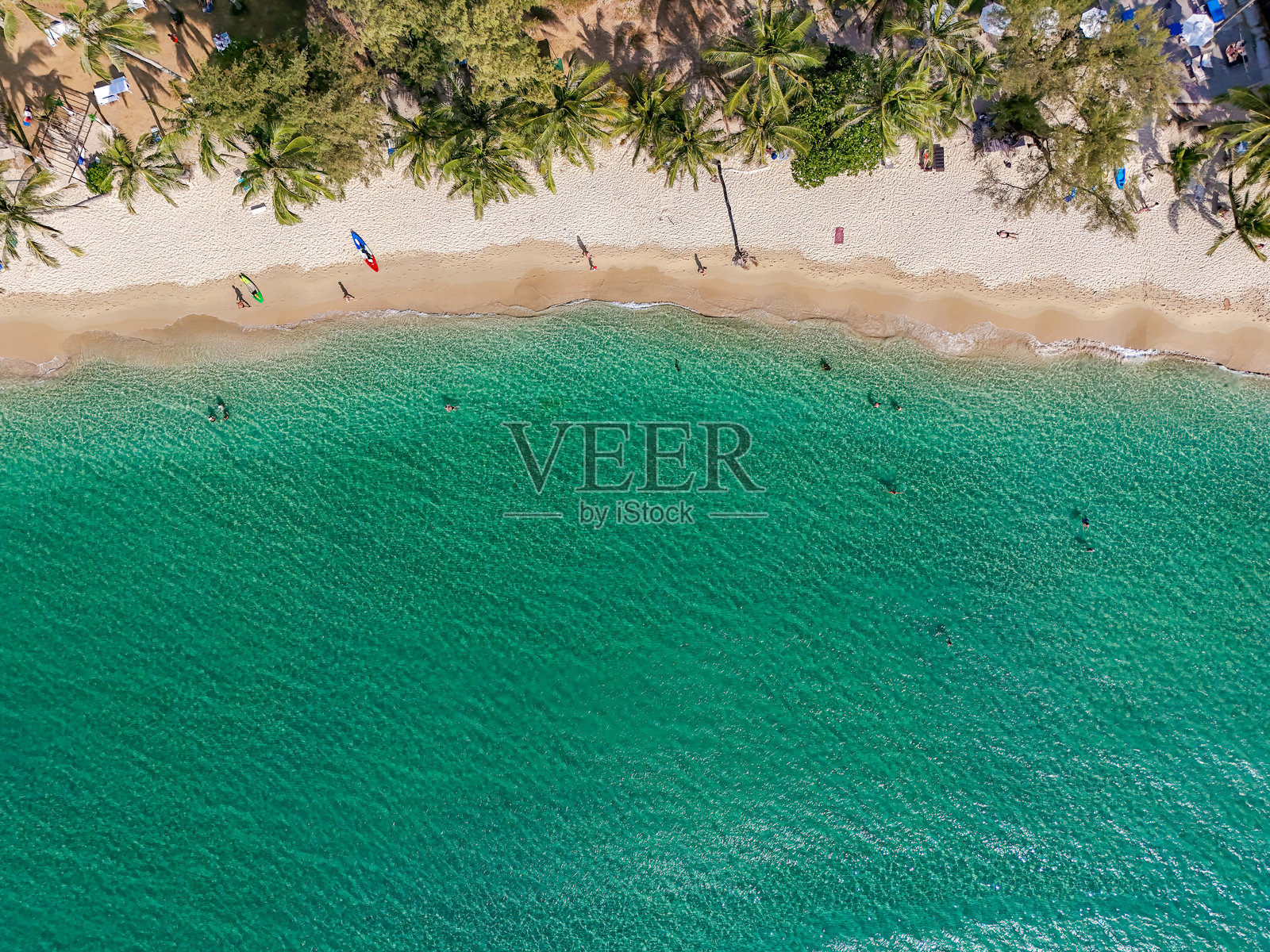 从无人机俯视的美丽海滩景观，碧蓝的海水，留有文字空白。美丽的沙滩与碧绿的海水，无人机航拍。照片摄影图片