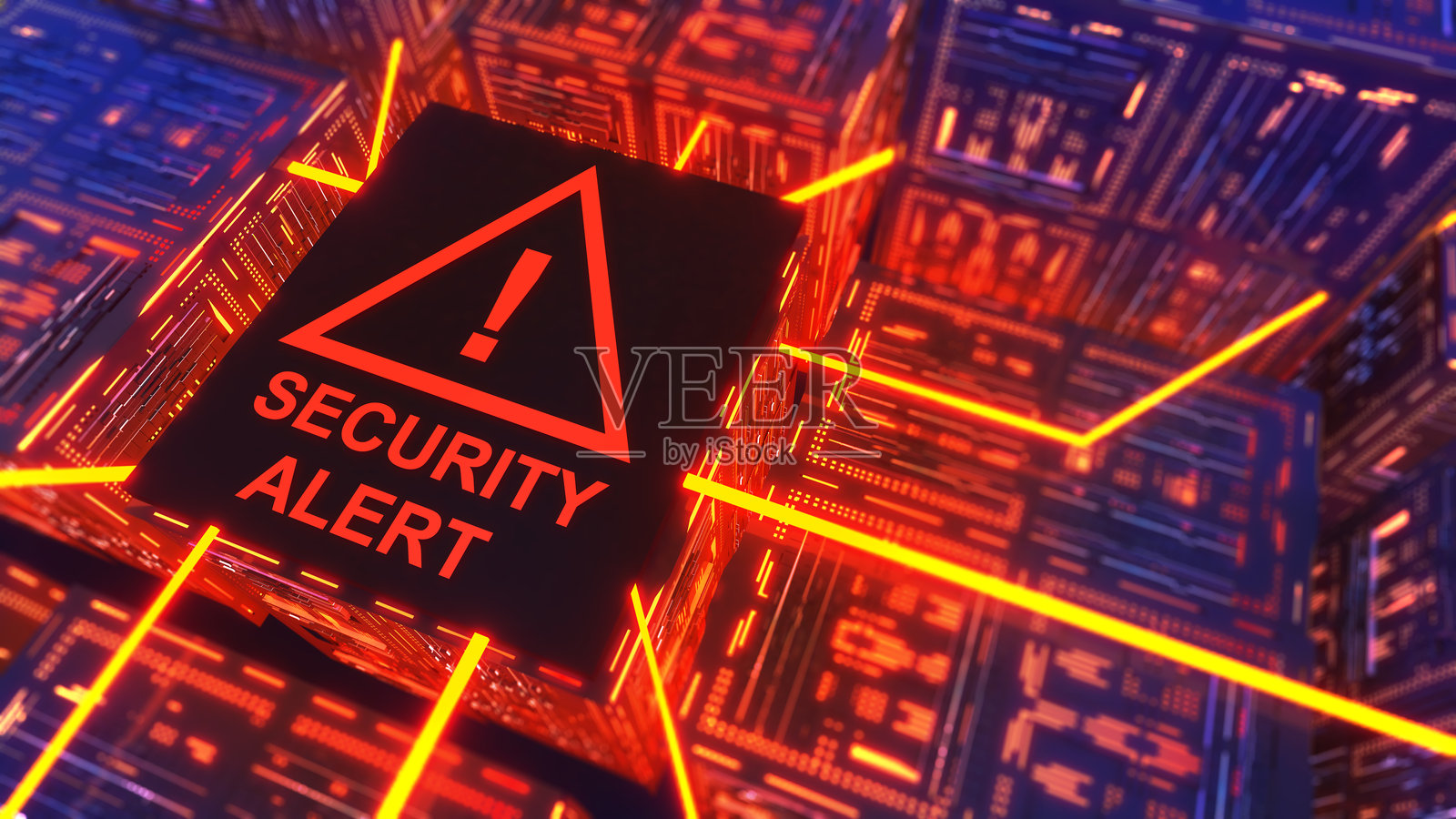 计算机处理工作 通知安全警报。计算机系统通知，警告系统被黑客攻击，3D渲染。照片摄影图片