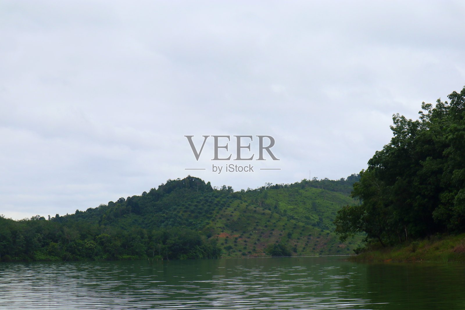 宁静的湖泊景观，四周环绕着郁郁葱葱的山丘和多云的天空自然场景照片摄影图片