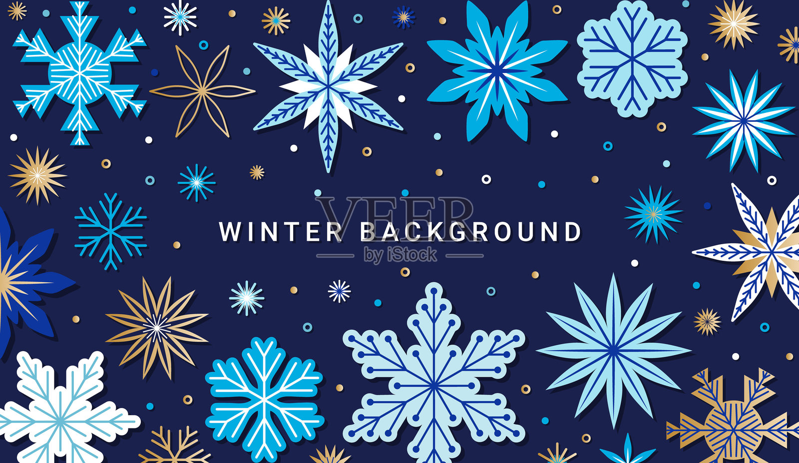 几何形状的雪花横幅设计。金色和蓝色的华丽装饰组合。冬季抽象雪花背景。剪切蒙版。EPS 10 矢量插图。插画图片素材