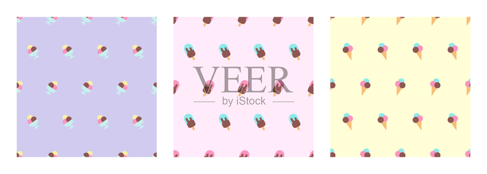 无缝夏季图案，配有可爱的冰淇淋。美味的冷冻奶油夏季甜点背景。适用于包装纸、儿童纺织品、封面、壁纸和印刷品的平面卡通矢量插图。插画图片素材