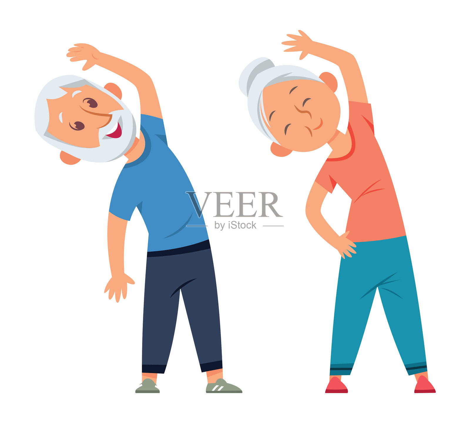 老年夫妇在家做瑜伽插画图片素材