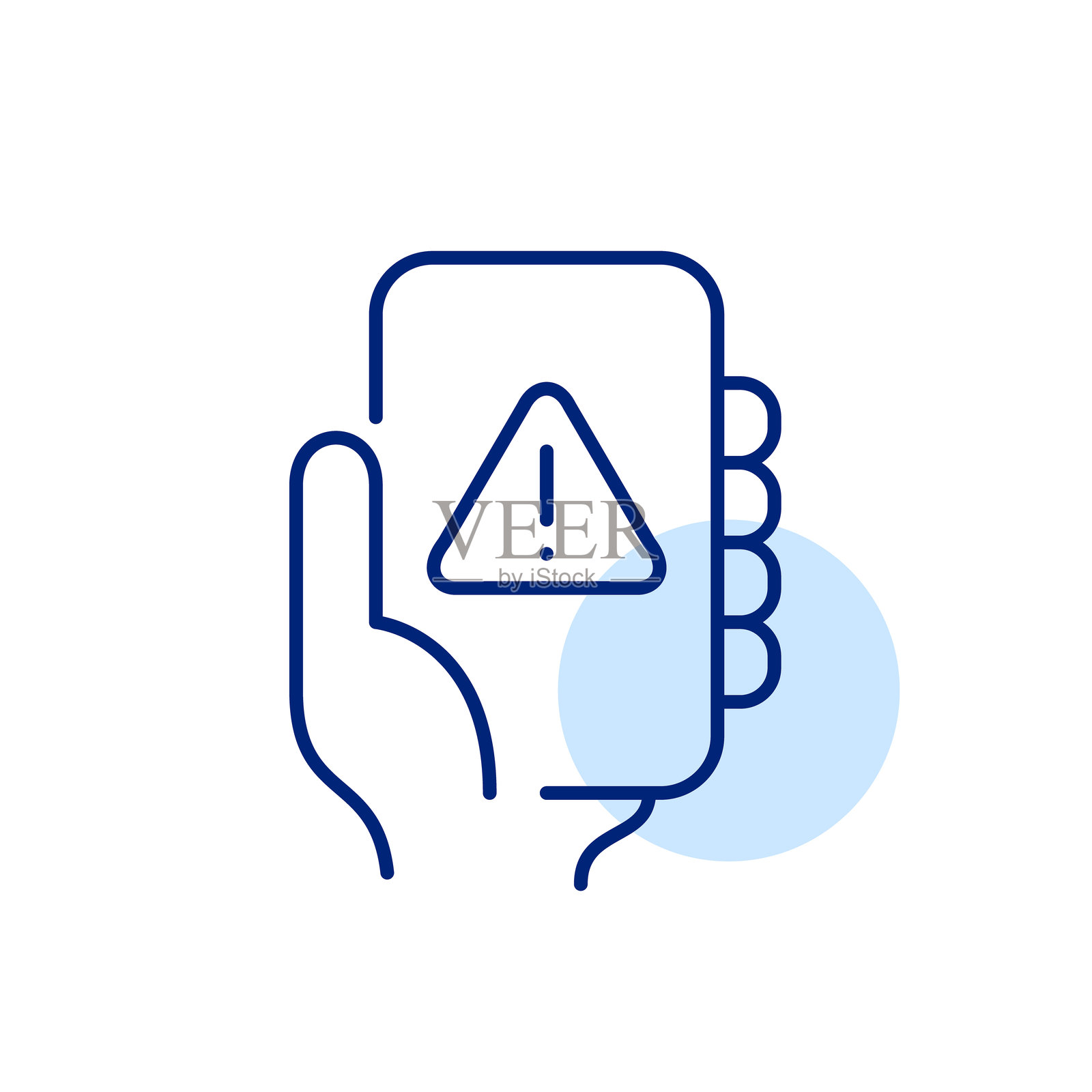 手握手机，带有三角形中的感叹号。错误信息，紧急警报，需要立即关注。像素完美，可编辑的线条图标。插画图片素材