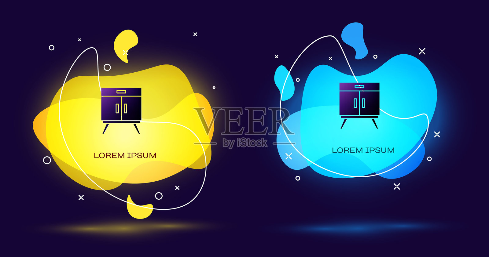 黑色抽屉柜图标，背景为黑色。带有液态形状的抽象横幅。矢量图。插画图片素材