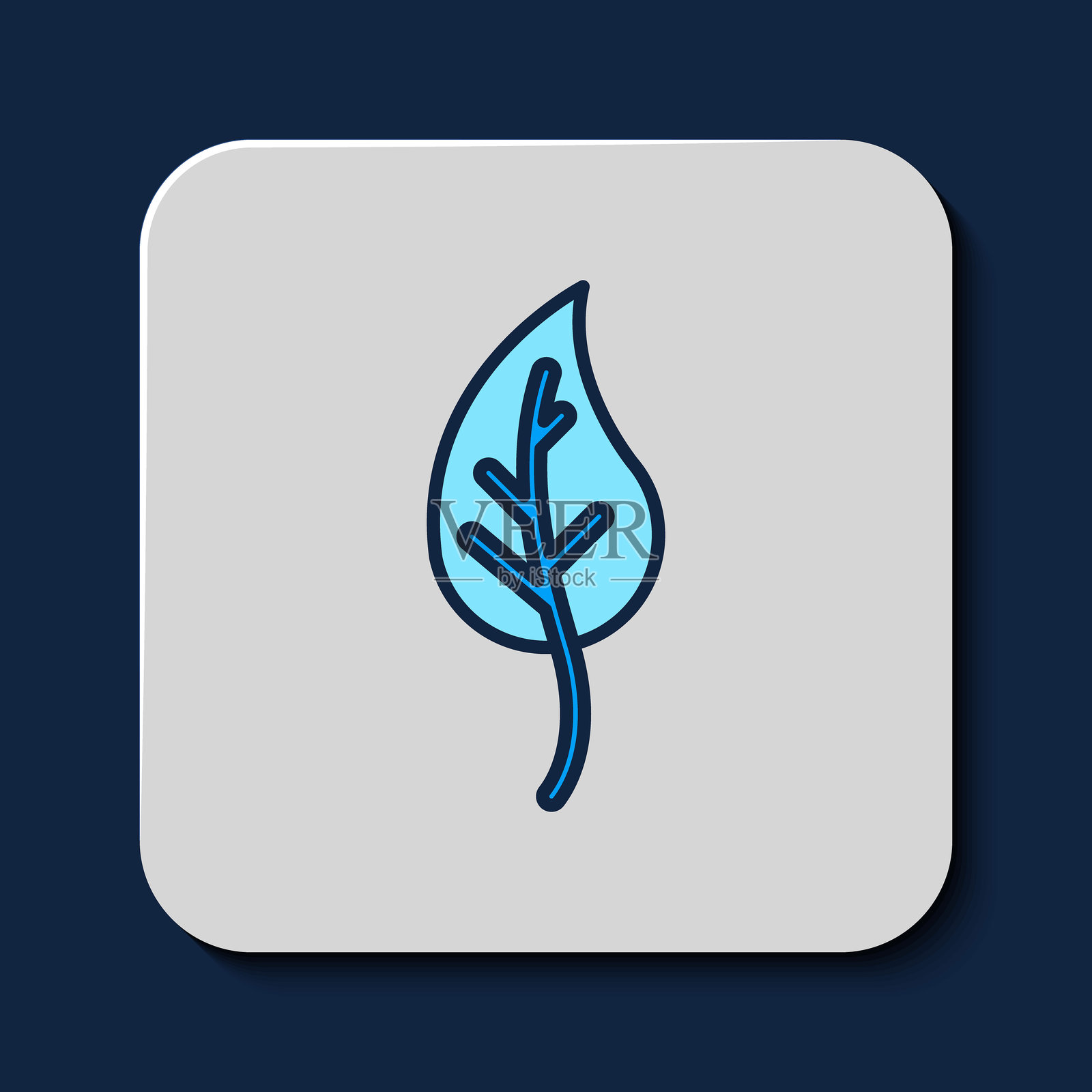 填充轮廓的叶子图标，背景为蓝色。叶子标志。新鲜天然产品符号。矢量图。插画图片素材