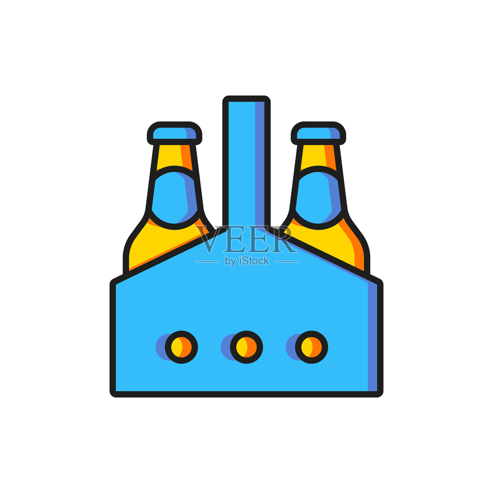 啤酒瓶颜色包装图标，背景为白色。啤酒箱标志。扁平填充轮廓风格，带阴影。矢量图。插画图片素材