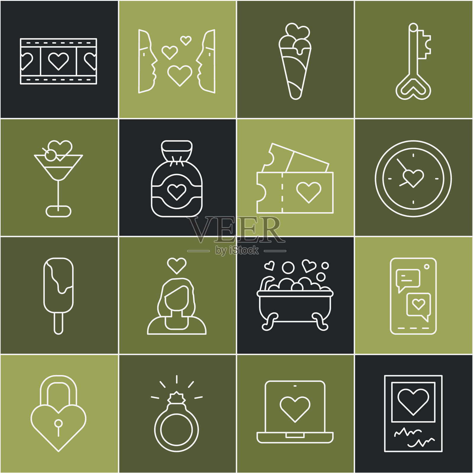 线条图案的照片框和心形，手机，时钟，华夫筒冰淇淋，巧克力糖果，马提尼酒杯，播放视频和爱情票图标。矢量图。插画图片素材