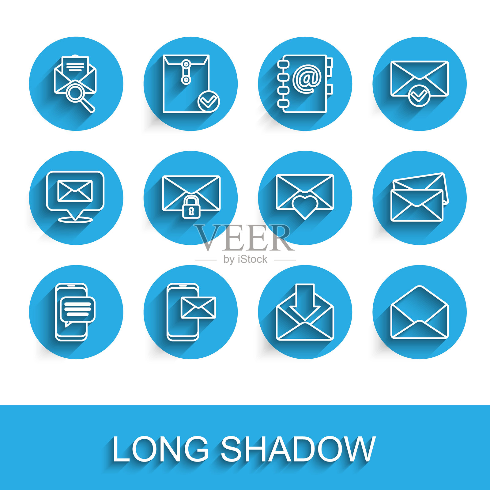 手机上的聊天消息通知设置，移动设备和信封，带放大镜的信封，邮件锁密码，以及情人节心形图标。矢量图。插画图片素材