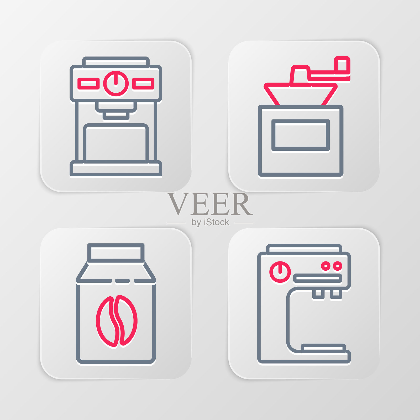 咖啡机、咖啡豆袋、手动磨豆机和图标的线条图。矢量图。插画图片素材