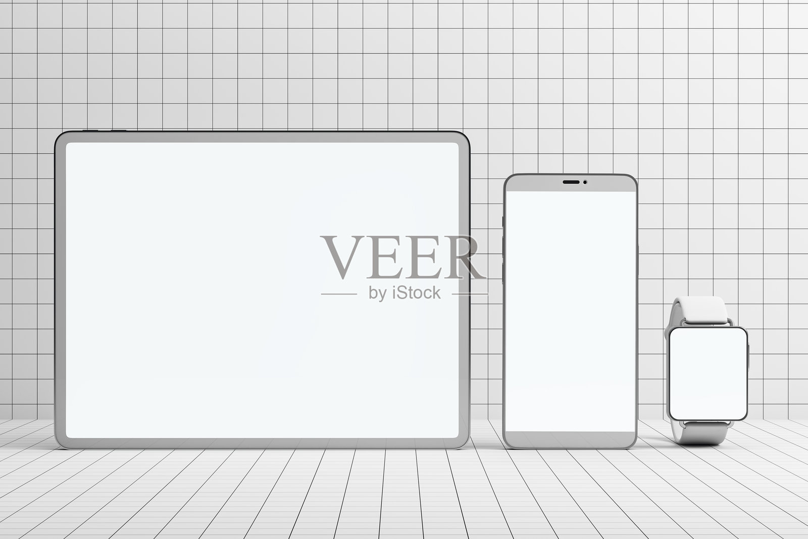 在瓷砖背景上设置的数字设备，包括平板电脑、智能手机和智能手表，用于模型展示。3D渲染。照片摄影图片