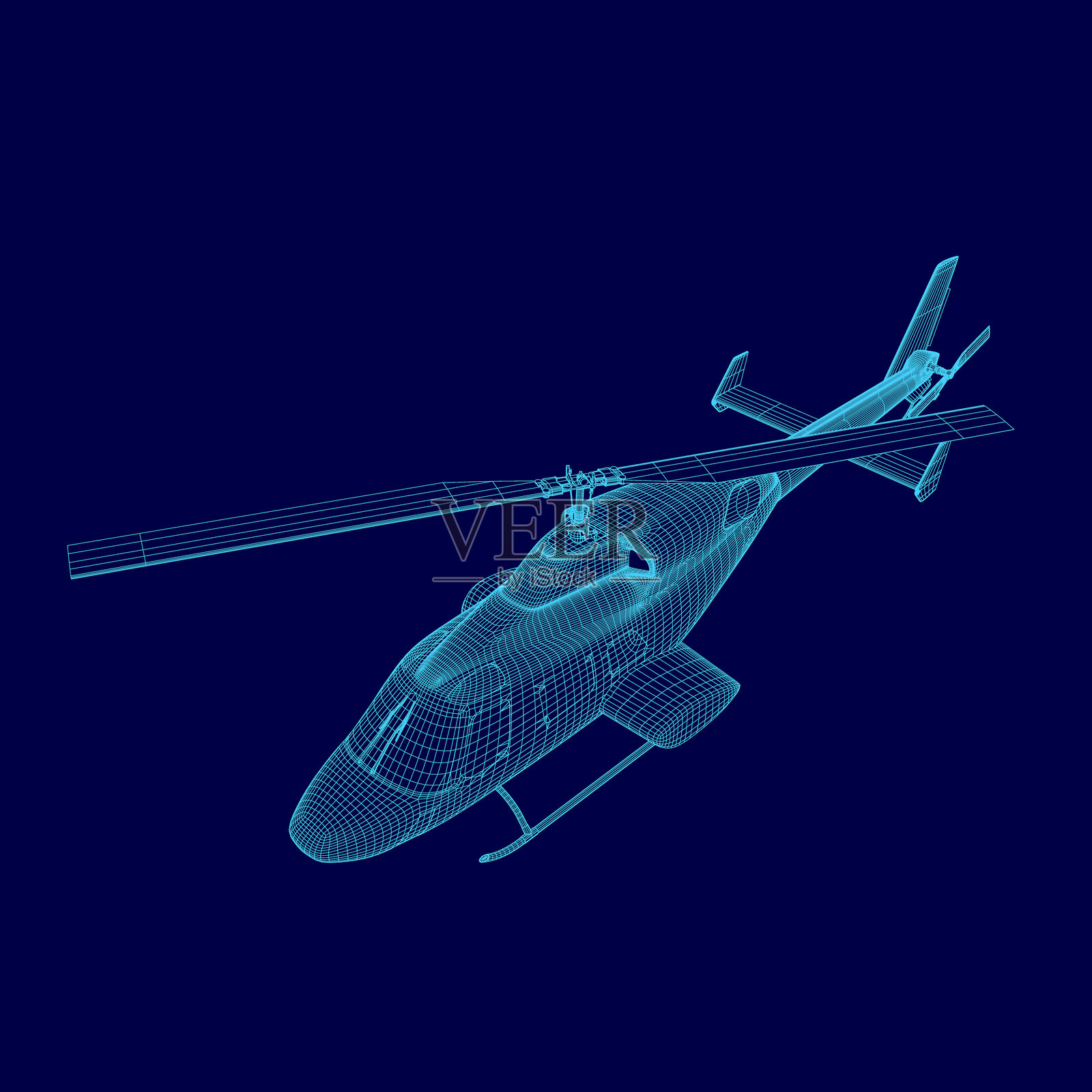 蓝色直升机在天空中飞行。图像以蓝色为主。直升机在空中，未接触地面。插画图片素材