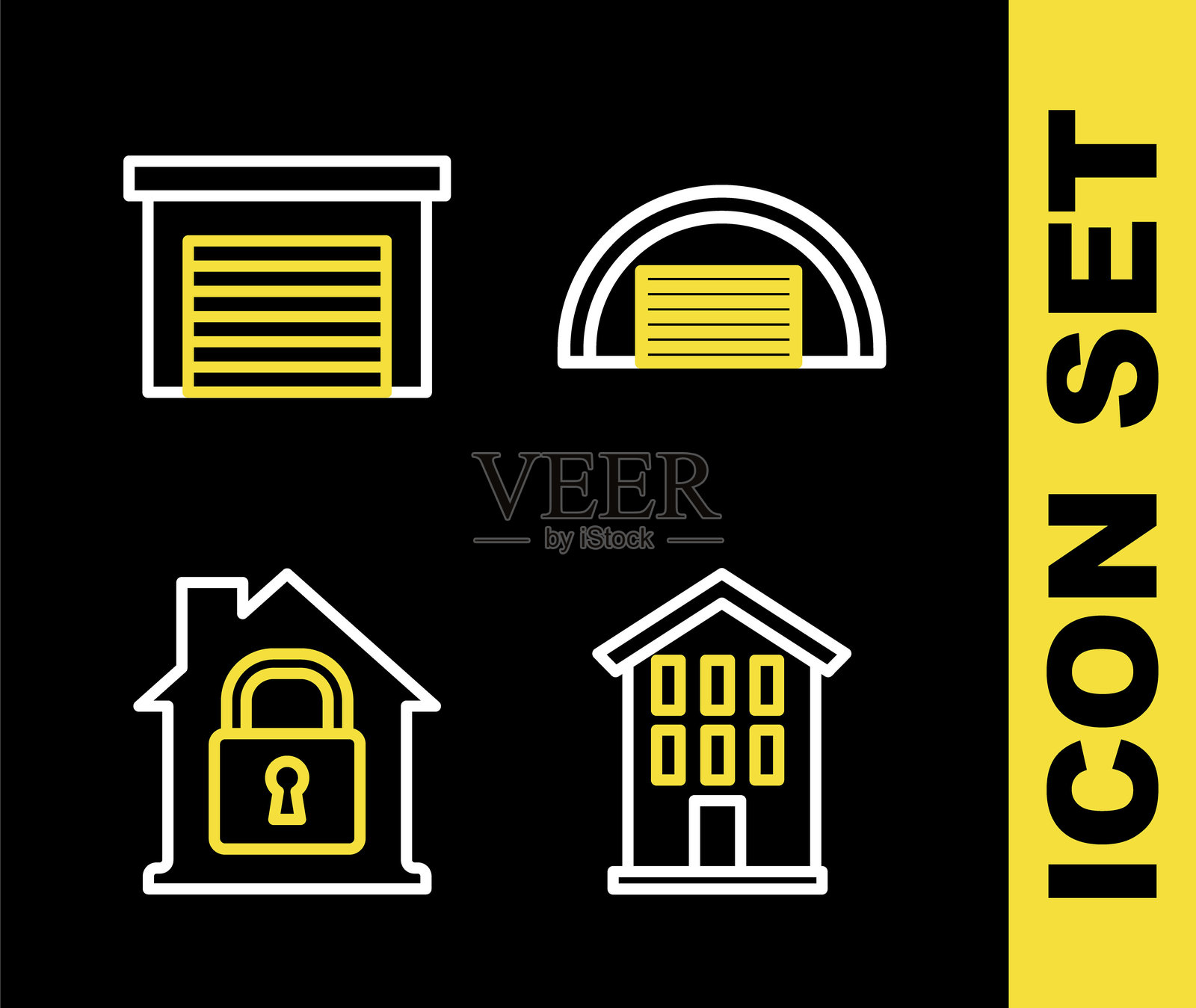 车库、房屋、保护和图标的线条图。矢量图。插画图片素材