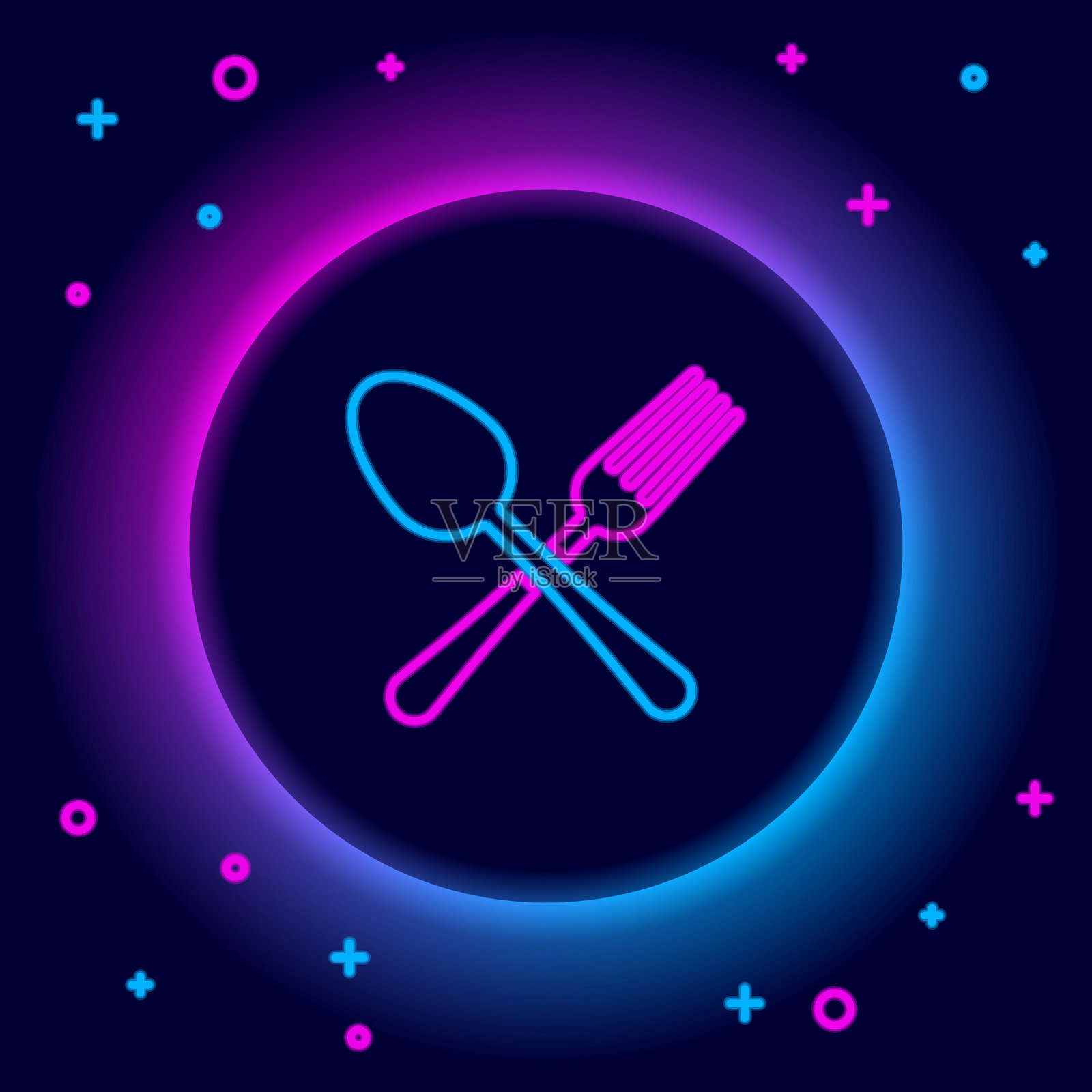 发光的霓虹线条交叉的叉子和勺子图标，背景为黑色。烹饪用具。餐具标志。彩色轮廓概念。矢量图。插画图片素材