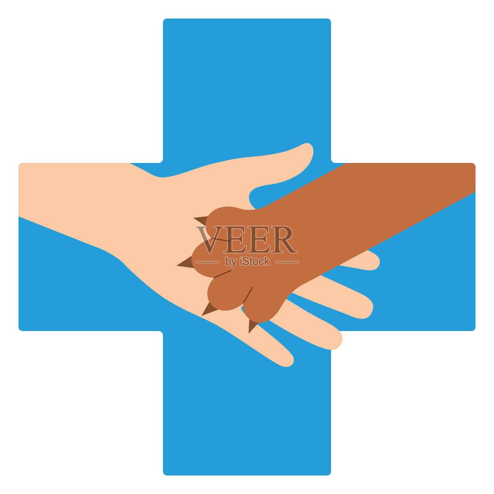 手中握着狗爪的插图，旁边有医疗十字标志插画图片素材