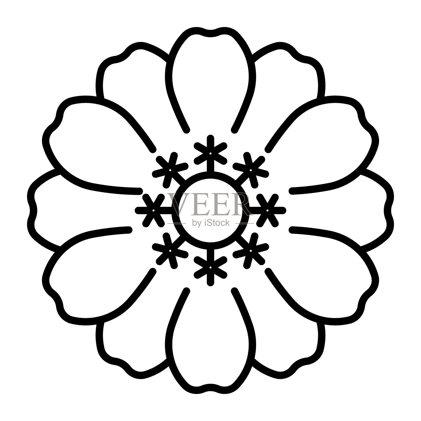 百日草花，图标。盛开的花头，俯视图。线性插图，可编辑的线条。插画图片素材