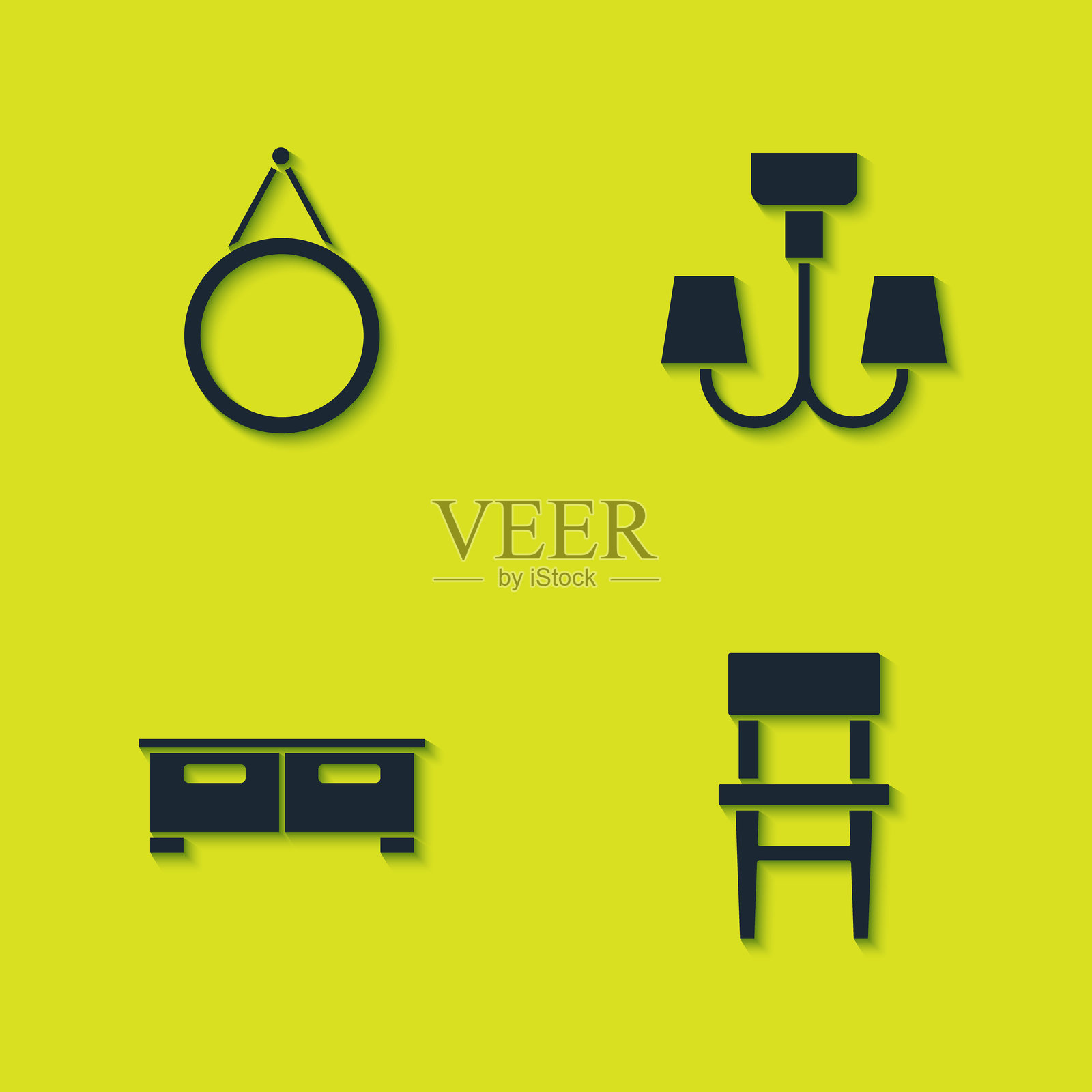 镜子、椅子、抽屉柜和吊灯图标。矢量图。插画图片素材